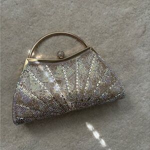 Elegant Gold Diamond Crystal Embellished Evening Clutch Trapezoid